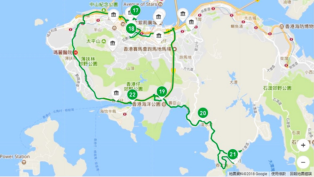 香港觀光巴士綠線路線圖